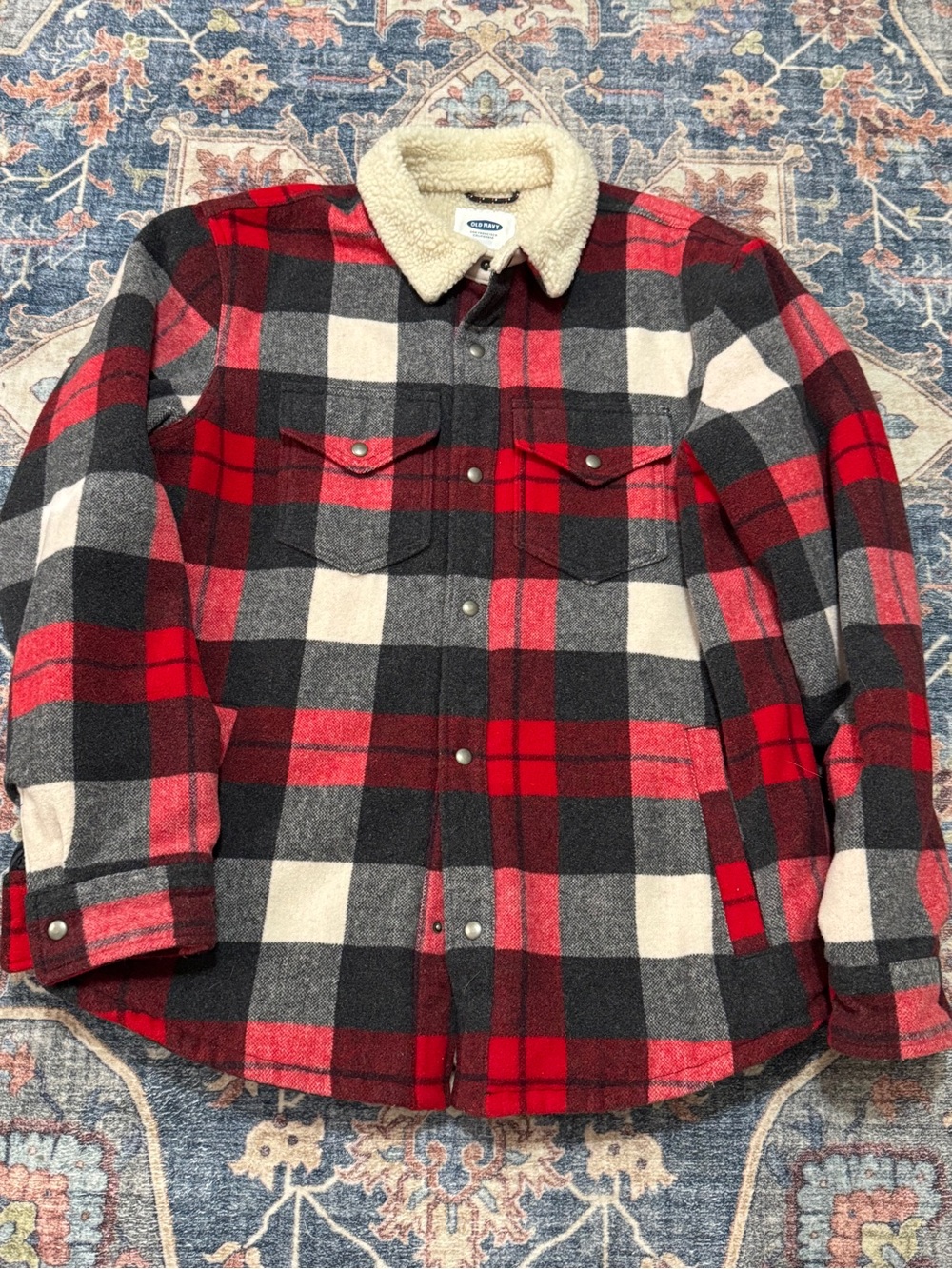 Old Navy Red, Black & Cream Plaid Sherpa-Lined Kids Jacket
